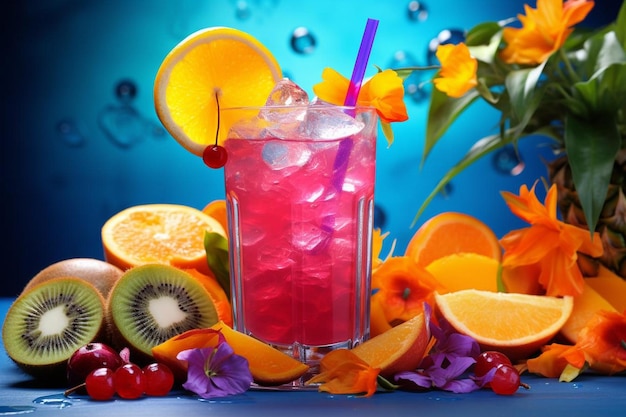 Colorful Tropical Drink with Tropical Fruits