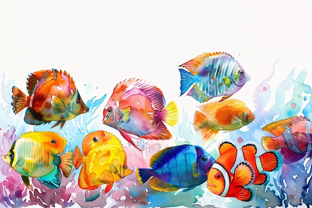 Colorful Tropical Fish in Vivid Watercolor Aquarium White Background