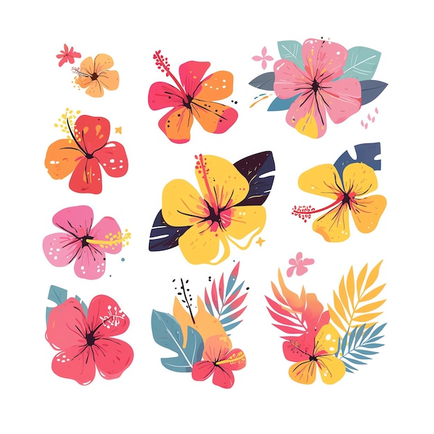 Colorful tropical flower illustrations set with various vibrant floral designs and leaf decorations