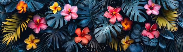 Colorful tropical foliage with vibrant flowers dark background bold and lively