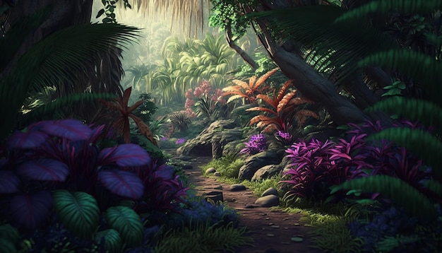 Colorful tropical forest. AI generative.