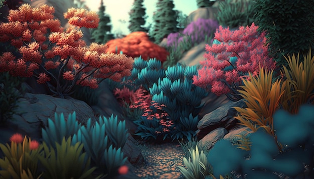 Colorful tropical forest. AI generative.