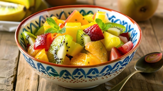 Colorful Tropical Fruit Salad in a Ceramic Bowl on Rustic Wooden Table