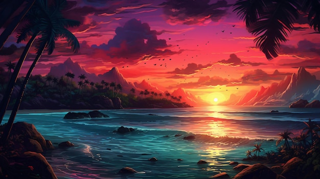 Colorful tropical landscape with dark sunset sky