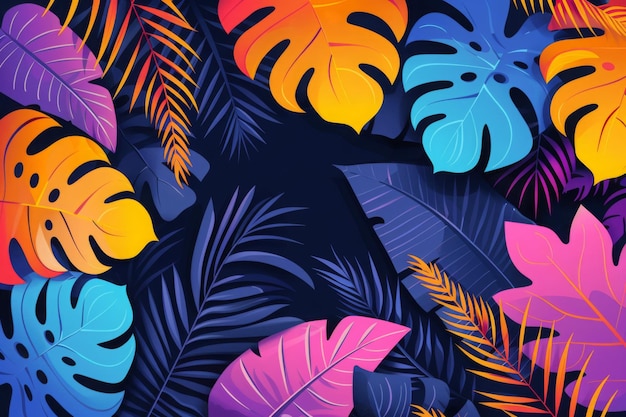 colorful tropical leaves and flowers are displayed on a black background