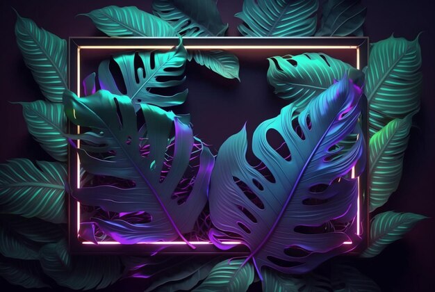 Colorful tropical leaves with neon frame on dark background Generative AI