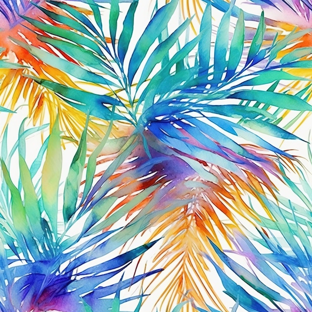 A colorful tropical pattern with leaves.