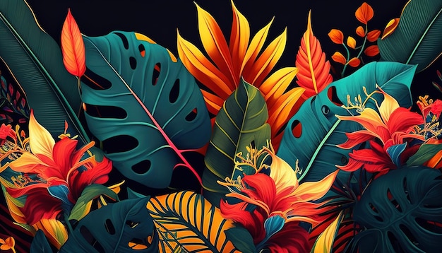 A colorful tropical pattern with vibrant leaves and flowers a lively and festive illustration perfect for a summery vibe