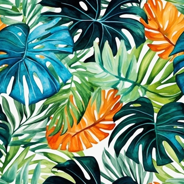 A colorful tropical print with tropical flowers and leaves.