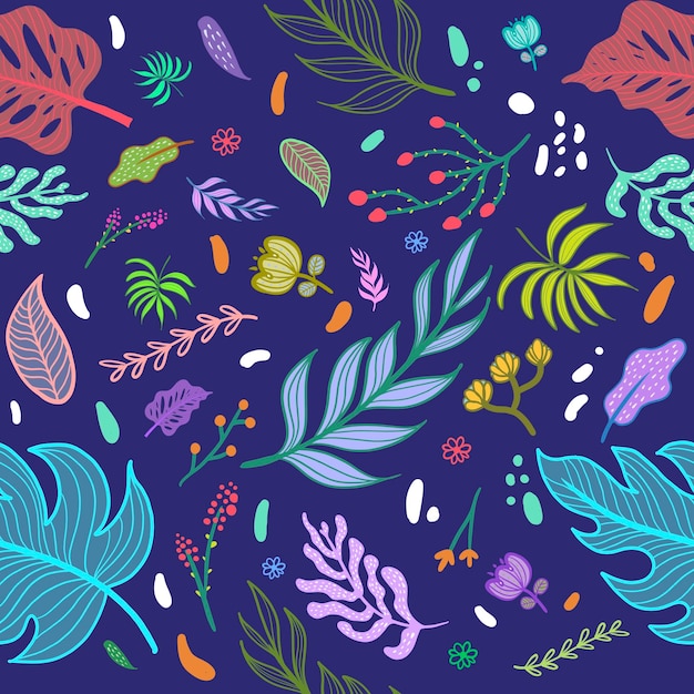 Colorful tropical rainforest Seamless pattern with abstract flowers leaves and other plants Aloha textile collection On dark blue background