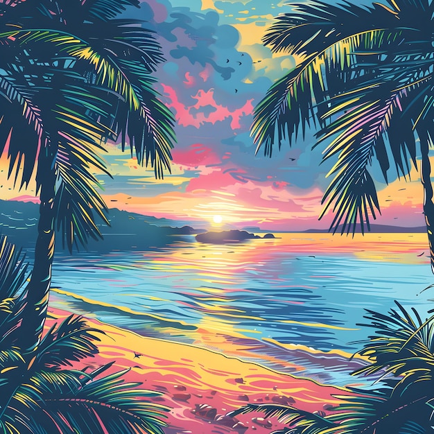 Colorful Tropical Sunset on Beach with Palm Trees Generative Ai