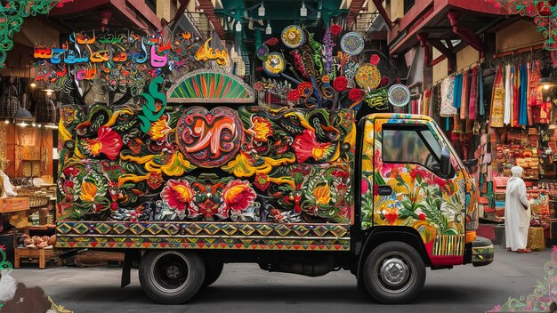 a colorful truck with a colorful design on the side of it