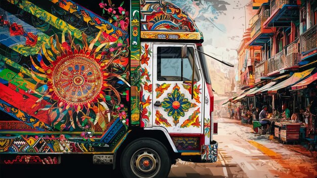 a colorful truck with a colorful design on the side