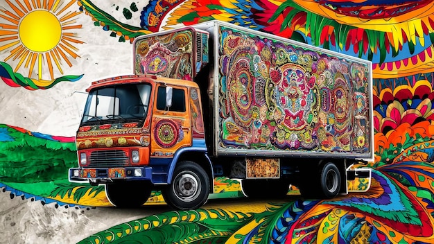 a colorful truck with a colorful design on the side