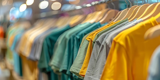 Colorful tshirts on rack in store with modern casual clothes Concept Fashion Retail Colorful Shirts Casual Wear Modern Style Clothing Store