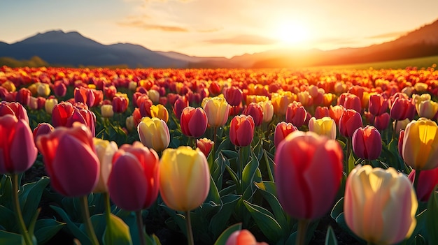 Photo colorful tulip field at sunset with mountain background