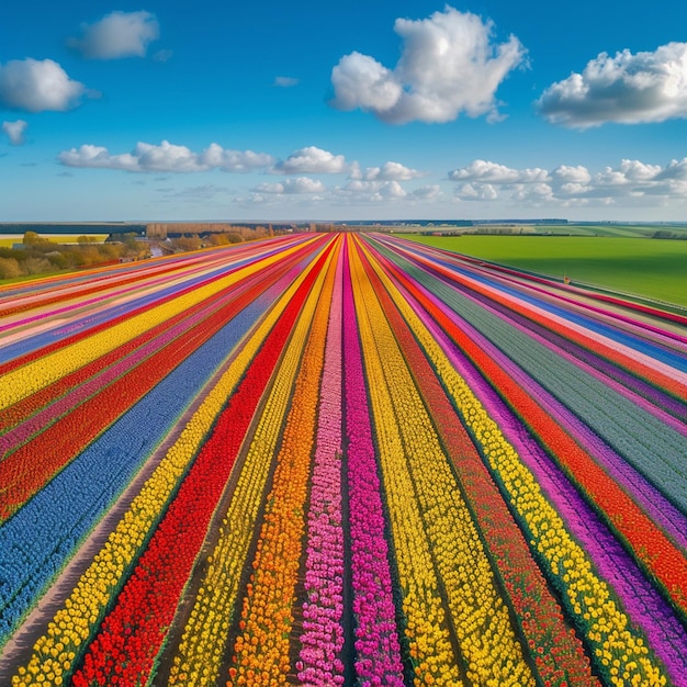 Colorful Tulip Fields in Danish Springtime Vibrant Flowers Under Blue Sky