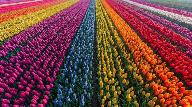 Photo colorful tulip fields in rainbow pattern