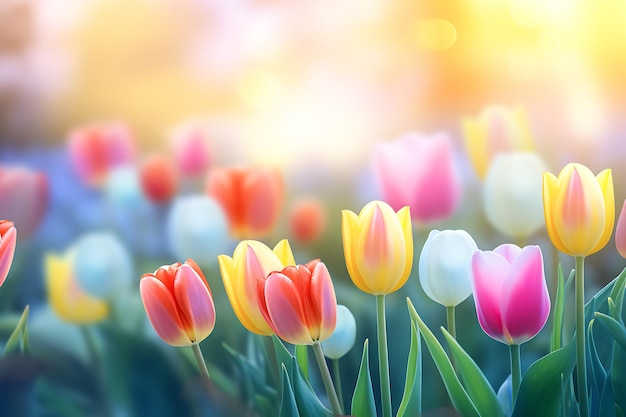 Colorful tulip flowers on blurred background