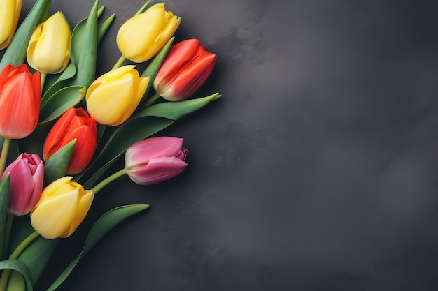 Colorful tulip flowers on dark concrete background