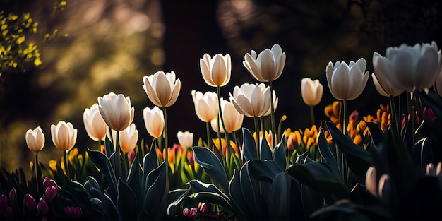 Colorful tulip flowers landscape background on a garden sunny day Generative AI