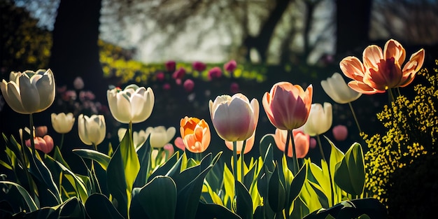 Colorful tulip flowers landscape background on a garden sunny day Generative AI