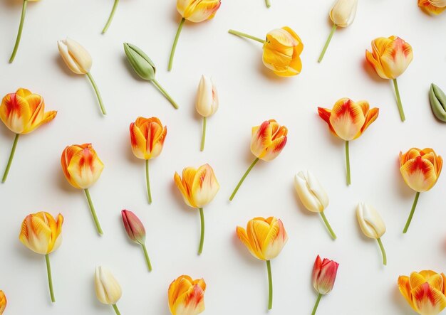 Colorful tulips arranged on a white background showcasing a variety of shapes and colors