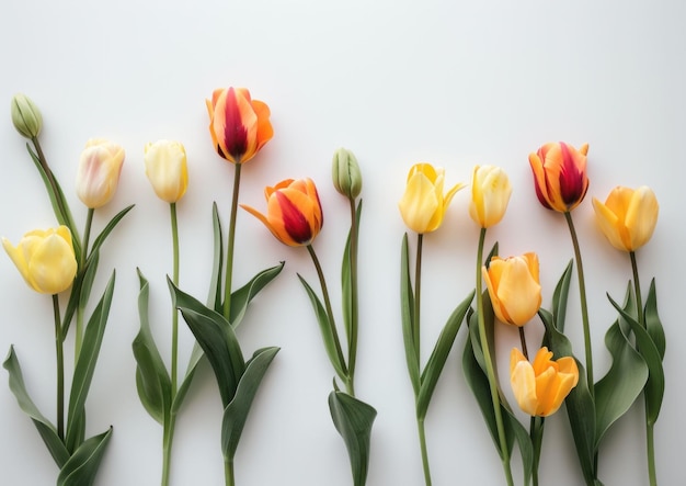 Colorful tulips arranged on a white background showcasing a variety of shapes and colors