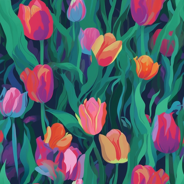 A colorful tulips background with a green background.