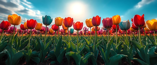 Photo colorful tulips blooming in a field under a bright blue sky