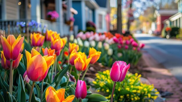 Colorful Tulips Blooming on a Sunny Street