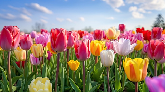 colorful tulips in a field of colorful tulips.