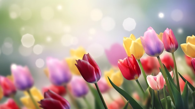 Colorful tulips in a field with a blurred background