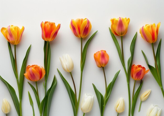 Colorful tulips in a row on a light background showcasing vibrant orange yellow and white blooms with fresh green stems