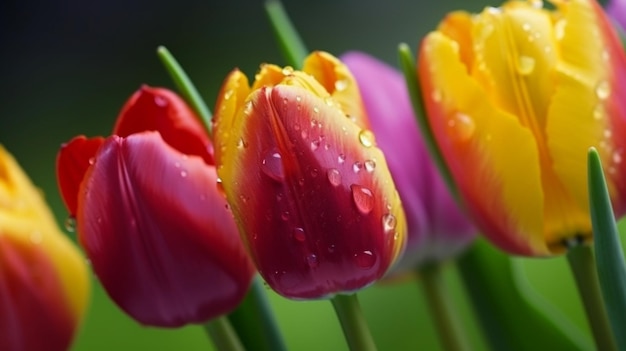 Colorful tulips with water droplets on the bottom