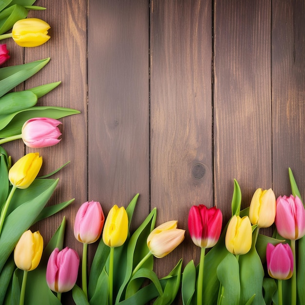 Colorful tulips on a wooden background with a border of flowers.