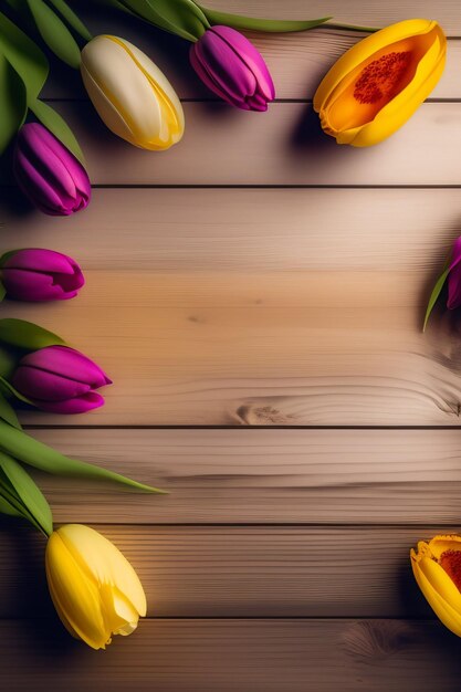 Colorful tulips on a wooden background