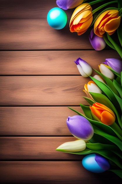 Colorful tulips on a wooden background