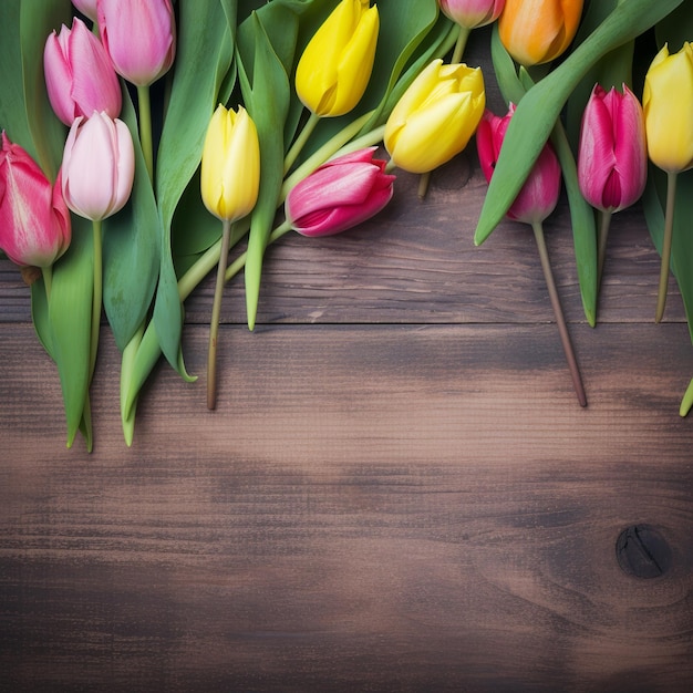 Colorful tulips on a wooden background