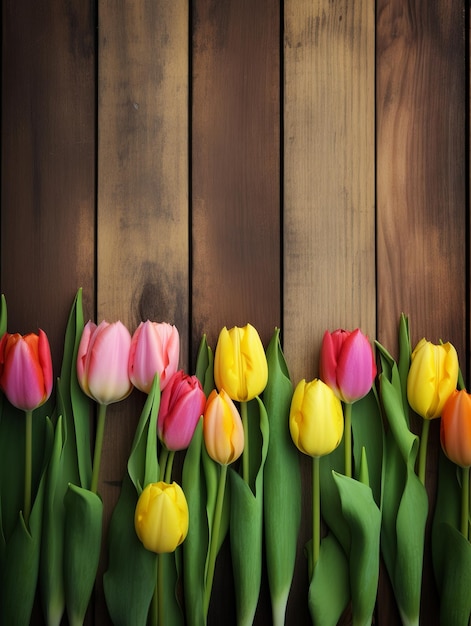 Colorful tulips on a wooden background