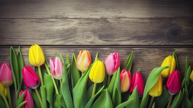 Colorful tulips on a wooden background