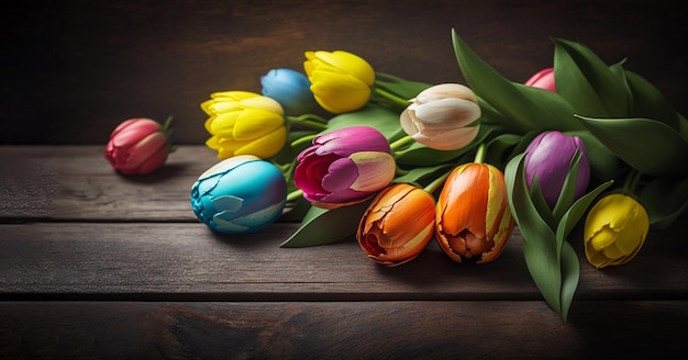 Colorful tulips on a wooden table with a dark background