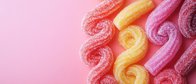 Photo colorful twisted gummy candies arranged neatly on a light pink background