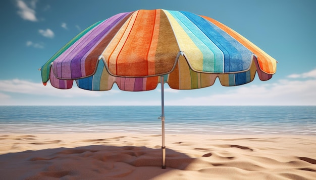 A colorful umbrella on a beach with the sun shining on it.