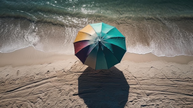 A colorful umbrella on a beach with the word beach on it