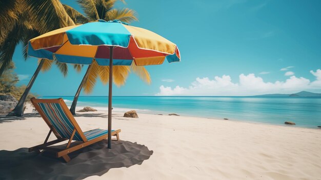 Colorful umbrella and lounge chair on pristine sandy beach photo ai generated