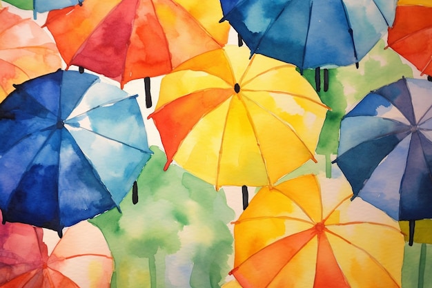 Colorful Umbrella Watercolor Painting Rainy Day