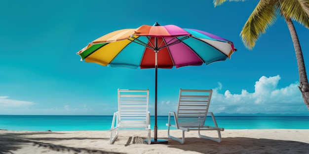 Colorful umbrella with beach chairs on tropical beach blue sky background Generative AI