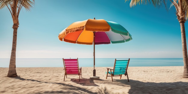 Colorful umbrella with beach chairs on tropical beach blue sky background Generative AI