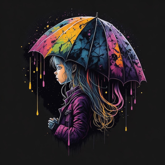 A colorful umbrella with cute girl watercolor splash effect